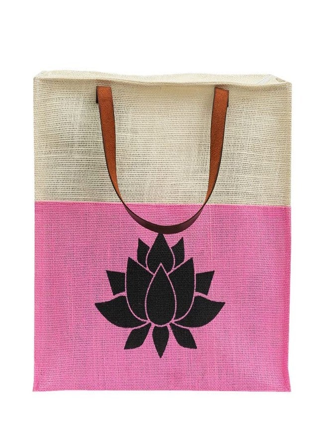JUTEKA Lotus Print Hand Bag for Grocery, Office, Lunch, Picnic, Tiffin Jute bag with Leather Handles - Image 4